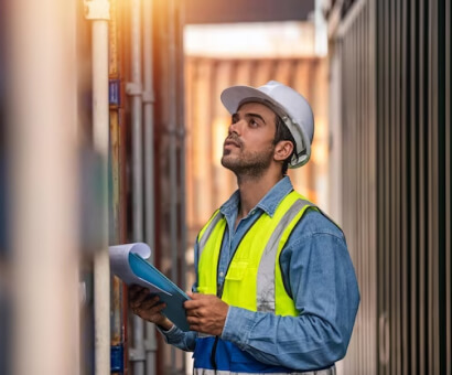 Logistics worker in a hard hat and safety vest at a shipping yard