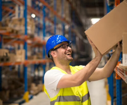 Warehouse worker checking inventory boxes on shelving