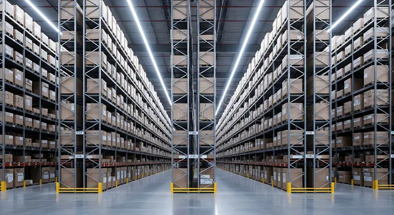 Wide view of an organized warehouse interior with tall shelving